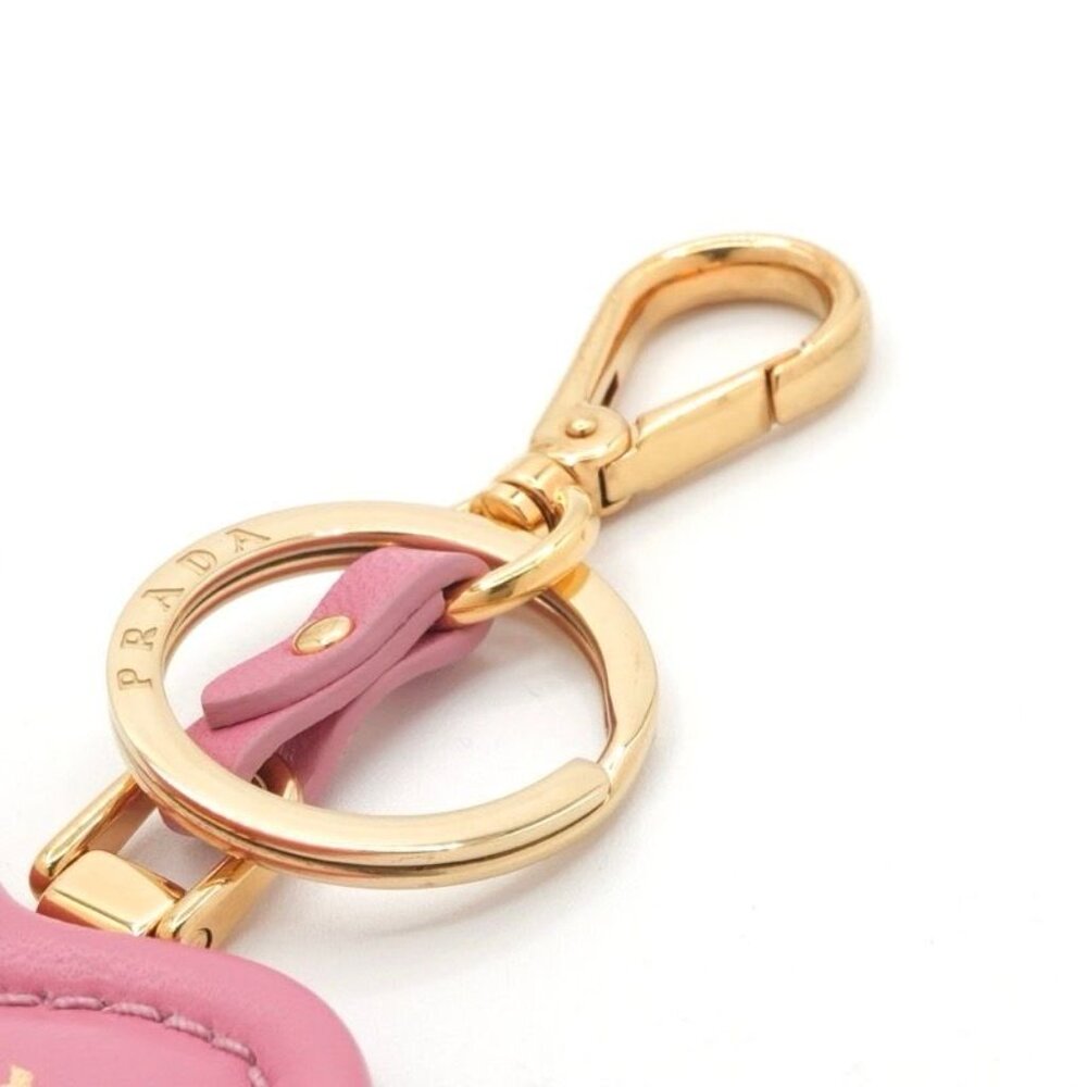 Prada Charm Pink Gold Nappa Leather Key Ring Logo Heart - Picture 5 of 7